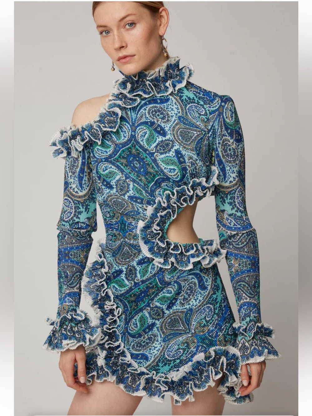 Zimmerman Blue Paisley Cold-Shoulder Ruffle Mini Dress - Picture 11 of 17